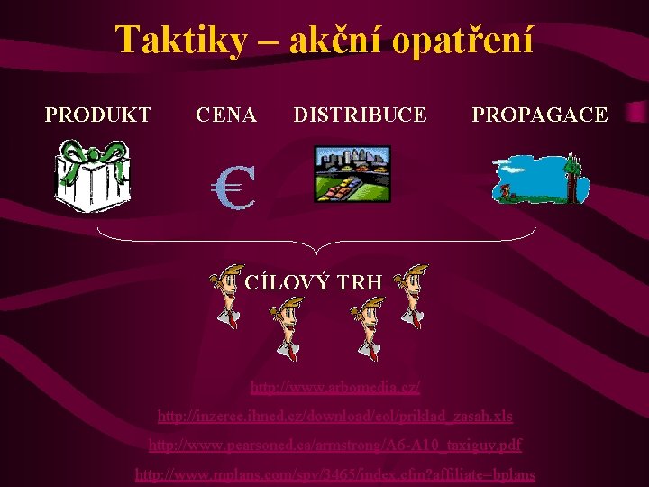 Taktiky – akční opatření PRODUKT CENA DISTRIBUCE PROPAGACE CÍLOVÝ TRH http: //www. arbomedia. cz/