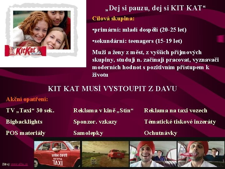 „Dej si pauzu, dej si KIT KAT“ Cílová skupina: • primární: mladí dospělí (20