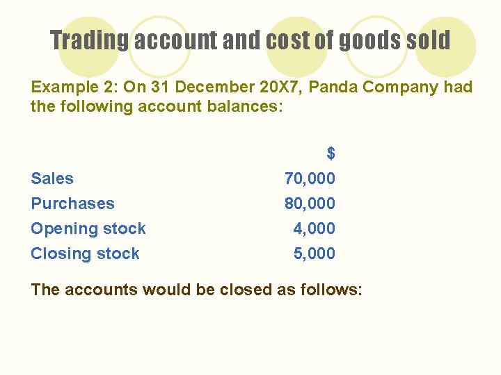 Trading account and cost of goods sold Example 2: On 31 December 20 X