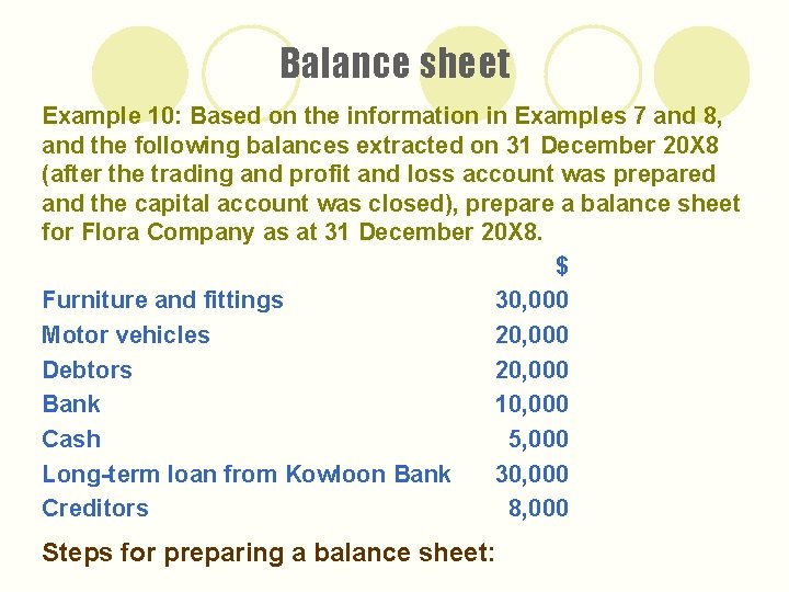 Balance sheet Example 10: Based on the information in Examples 7 and 8, and