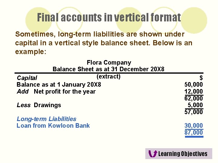 Final accounts in vertical format Sometimes, long-term liabilities are shown under capital in a