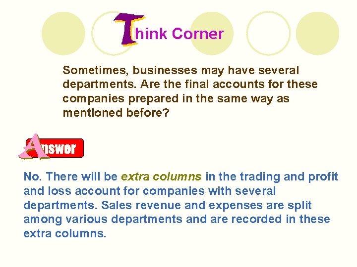 hink Corner Sometimes, businesses may have several departments. Are the final accounts for these