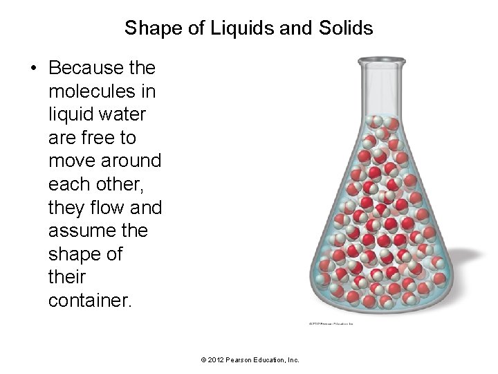 Shape of Liquids and Solids • Because the molecules in liquid water are free