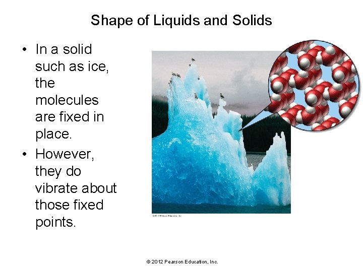 Shape of Liquids and Solids • In a solid such as ice, the molecules