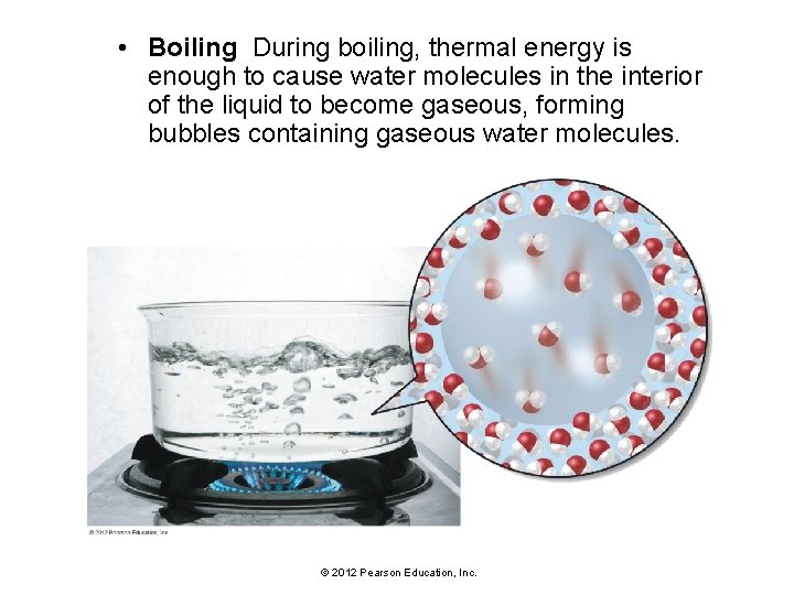  • Boiling During boiling, thermal energy is enough to cause water molecules in