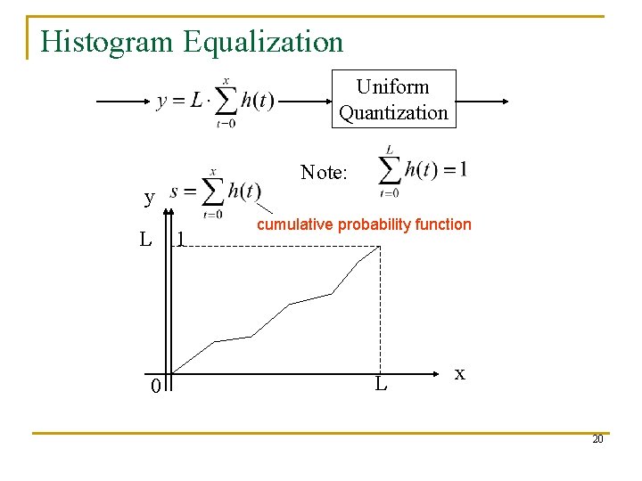Histogram Equalization Uniform Quantization Note: y L 0 1 cumulative probability function L x