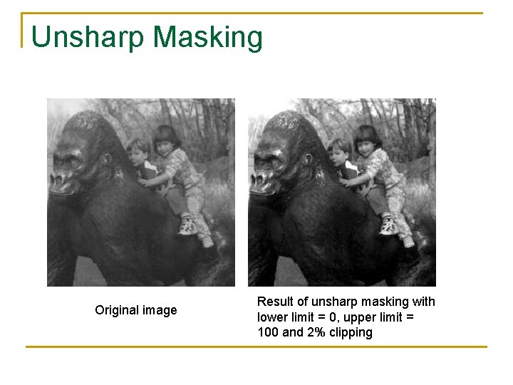 Unsharp Masking Original image Result of unsharp masking with lower limit = 0, upper