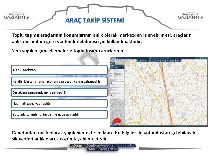 Toplu taşıma araçlarının konumlarının anlık olarak merkezden izlenebilmesi, araçların anlık durumlara göre yönlendirilebilmesi için