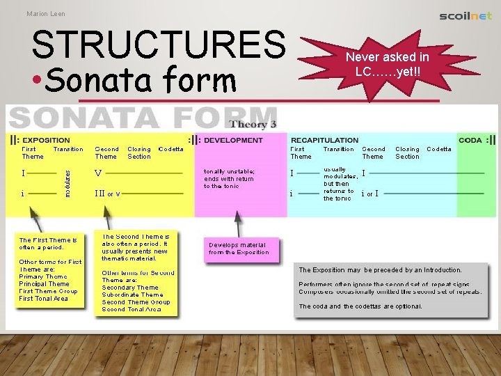 Marion Leen STRUCTURES • Sonata form Never asked in LC……yet!! • Overture • Programme