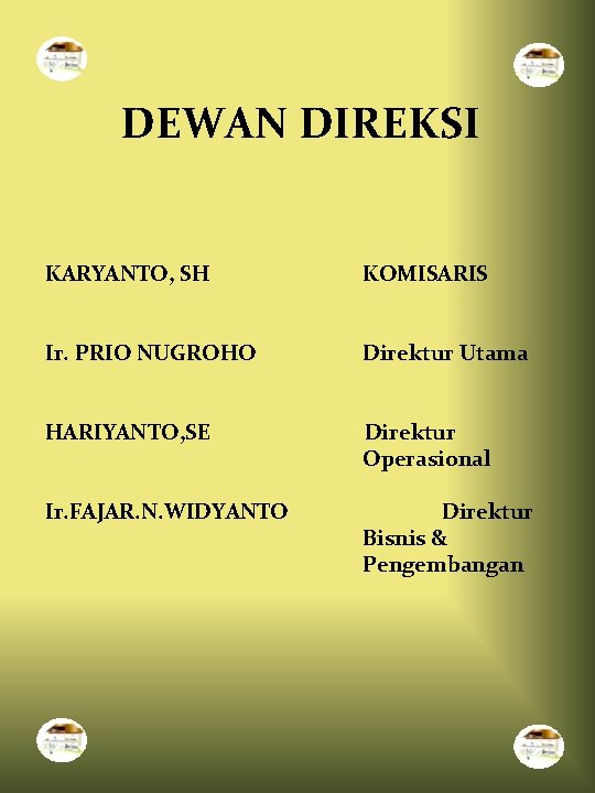 DEWAN DIREKSI KARYANTO, SH KOMISARIS Ir. PRIO NUGROHO Direktur Utama HARIYANTO, SE Direktur Operasional