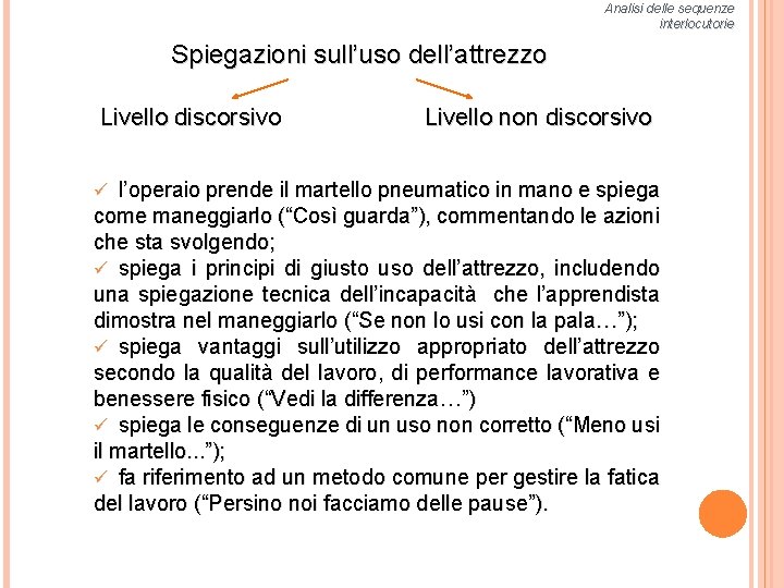 Analisi delle sequenze interlocutorie Spiegazioni sull’uso dell’attrezzo Livello discorsivo Livello non discorsivo ü l’operaio