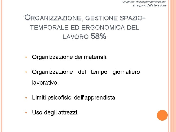 I contenuti dell’apprendimento che emergono dall’interazione ORGANIZZAZIONE, GESTIONE SPAZIOTEMPORALE ED ERGONOMICA DEL LAVORO 58%