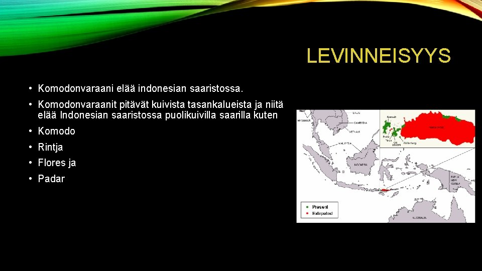 LEVINNEISYYS • Komodonvaraani elää indonesian saaristossa. • Komodonvaraanit pitävät kuivista tasankalueista ja niitä elää