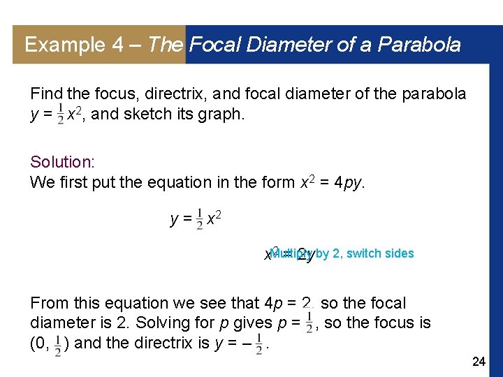 Example 4 – The Focal Diameter of a Parabola Find the focus, directrix, and