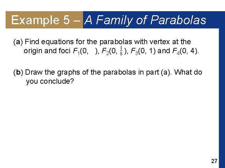 Example 5 – A Family of Parabolas (a) Find equations for the parabolas with