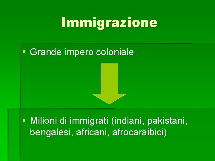 Immigrazione § Grande impero coloniale § Milioni di immigrati (indiani, pakistani, bengalesi, africani, afrocaraibici) Immigrazione § Grande impero coloniale § Milioni di immigrati (indiani, pakistani, bengalesi, africani, afrocaraibici)