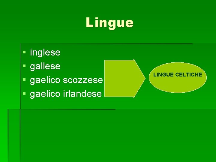 Lingue § § inglese gallese gaelico scozzese gaelico irlandese LINGUE CELTICHE Lingue § § inglese gallese gaelico scozzese gaelico irlandese LINGUE CELTICHE