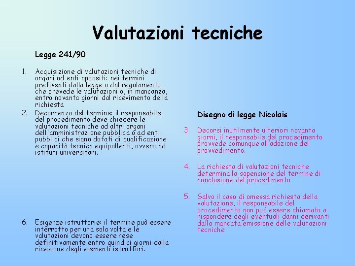 Valutazioni tecniche Legge 241/90 1. 2. 6. Acquisizione di valutazioni tecniche di organi od