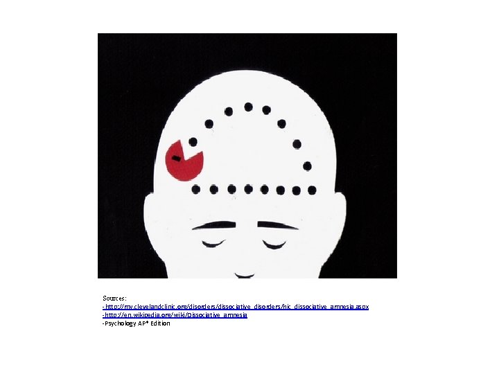 Sources: -http: //my. clevelandclinic. org/disorders/dissociative_disorders/hic_dissociative_amnesia. aspx -http: //en. wikipedia. org/wiki/Dissociative_amnesia -Psychology AP* Edition 