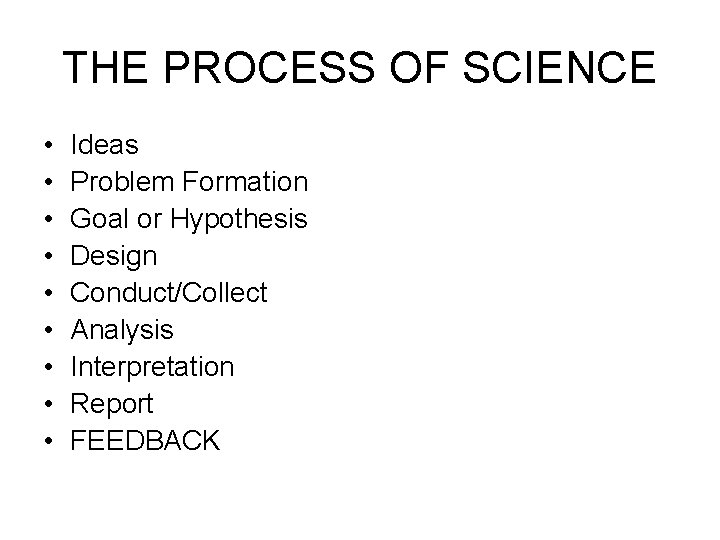 THE PROCESS OF SCIENCE • • • Ideas Problem Formation Goal or Hypothesis Design
