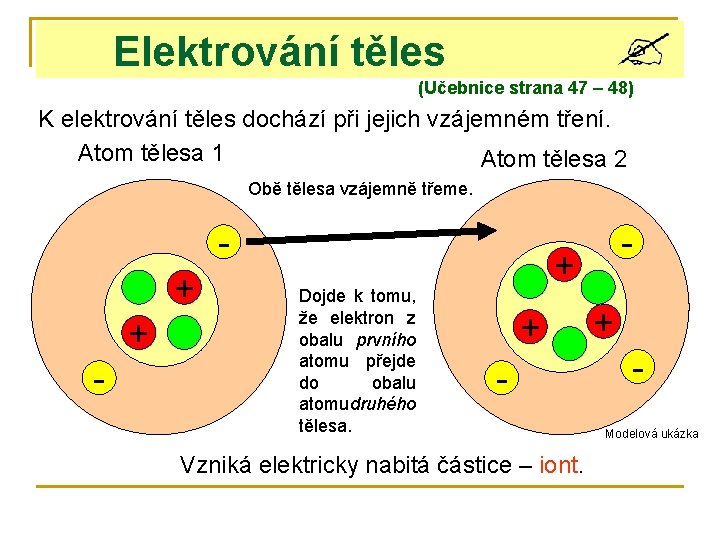 Elektrování těles (Učebnice strana 47 – 48) K elektrování těles dochází při jejich vzájemném