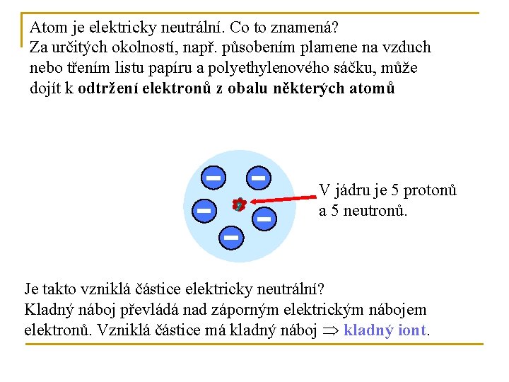 Atom je elektricky neutrální. Co to znamená? Za určitých okolností, např. působením plamene na