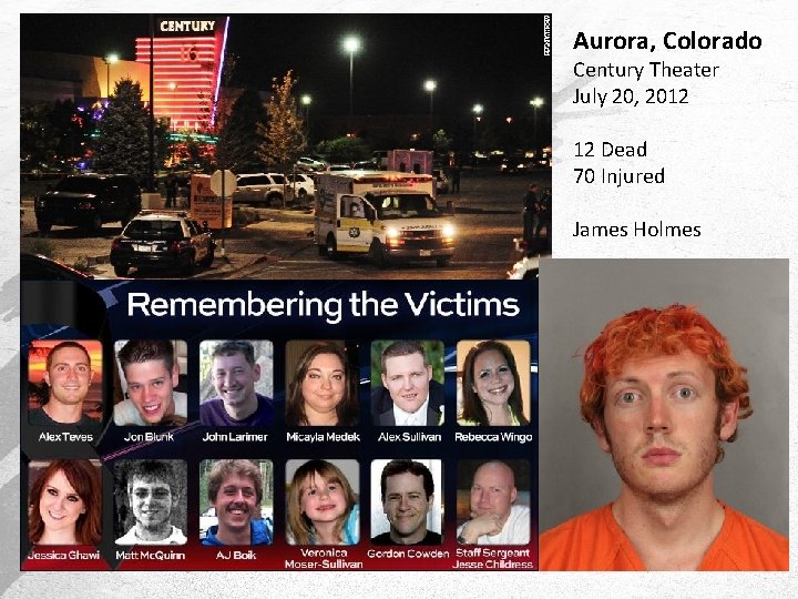 Aurora, Colorado Century Theater July 20, 2012 12 Dead 70 Injured James Holmes 