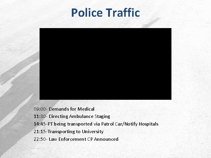 Police Traffic 09: 00 - Demands for Medical 11: 30 - Directing Ambulance Staging