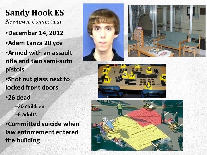 Sandy Hook ES Newtown, Connecticut • December 14, 2012 • Adam Lanza 20 yoa