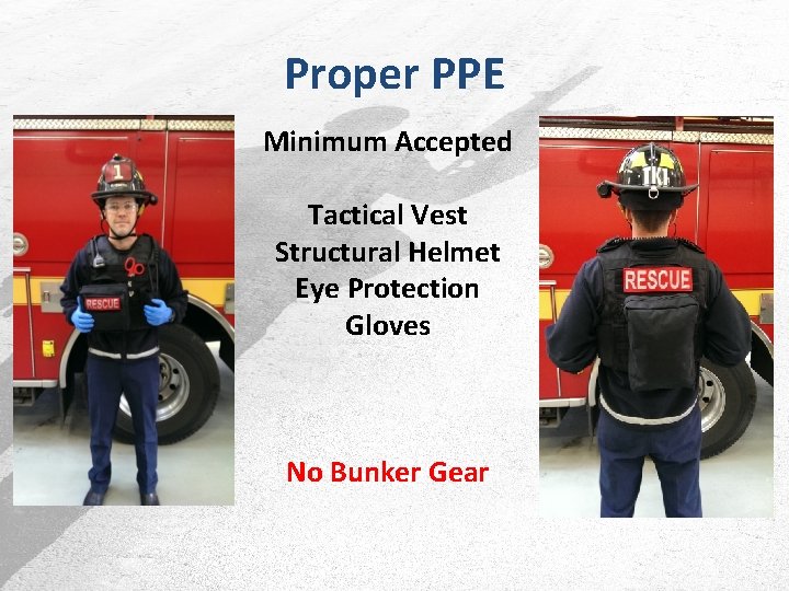 Proper PPE Minimum Accepted Tactical Vest Structural Helmet Eye Protection Gloves No Bunker Gear