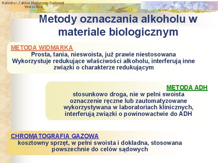 Katedra i Zakład Medycyny Sądowej Warszawa Metody oznaczania alkoholu w materiale biologicznym METODA WIDMARKA