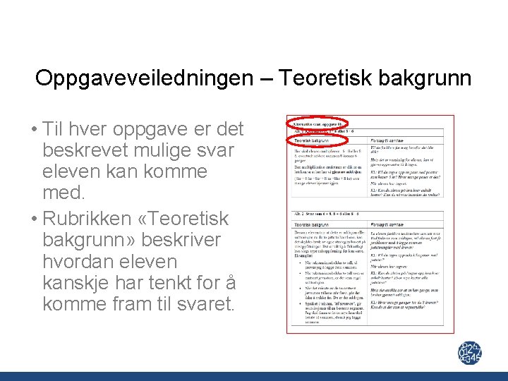 Oppgaveveiledningen – Teoretisk bakgrunn • Til hver oppgave er det beskrevet mulige svar eleven