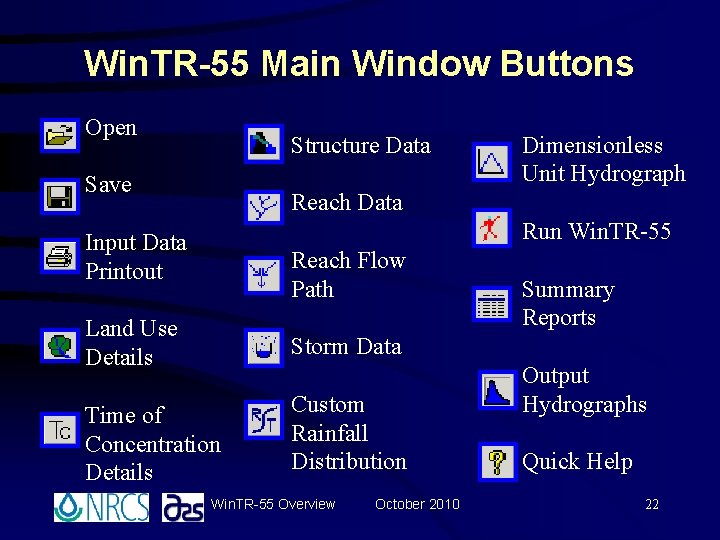 Win. TR-55 Main Window Buttons Open Structure Data Save Dimensionless Unit Hydrograph Reach Data Win. TR-55 Main Window Buttons Open Structure Data Save Dimensionless Unit Hydrograph Reach Data
