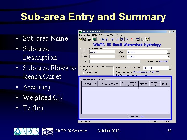 Sub-area Entry and Summary • Sub-area Name • Sub-area Description • Sub-area Flows to Sub-area Entry and Summary • Sub-area Name • Sub-area Description • Sub-area Flows to