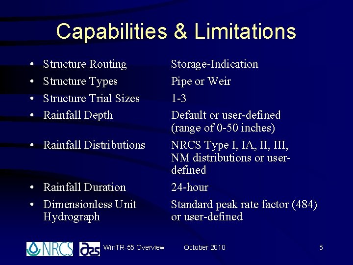 Capabilities & Limitations • • Structure Routing Structure Types Structure Trial Sizes Rainfall Depth Capabilities & Limitations • • Structure Routing Structure Types Structure Trial Sizes Rainfall Depth