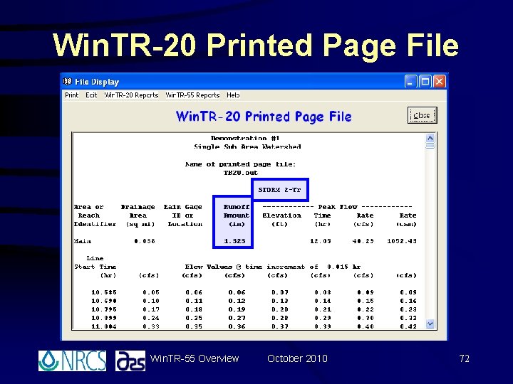 Win. TR-20 Printed Page File Win. TR-55 Overview October 2010 72 Win. TR-20 Printed Page File Win. TR-55 Overview October 2010 72