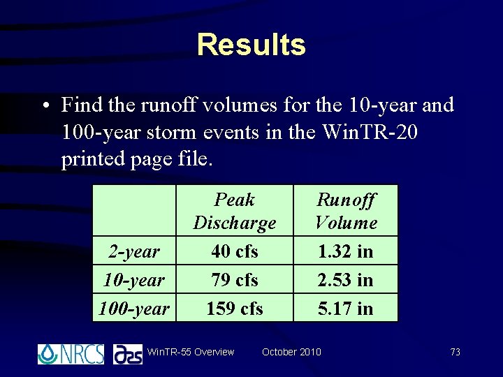 Results • Find the runoff volumes for the 10 -year and 100 -year storm Results • Find the runoff volumes for the 10 -year and 100 -year storm