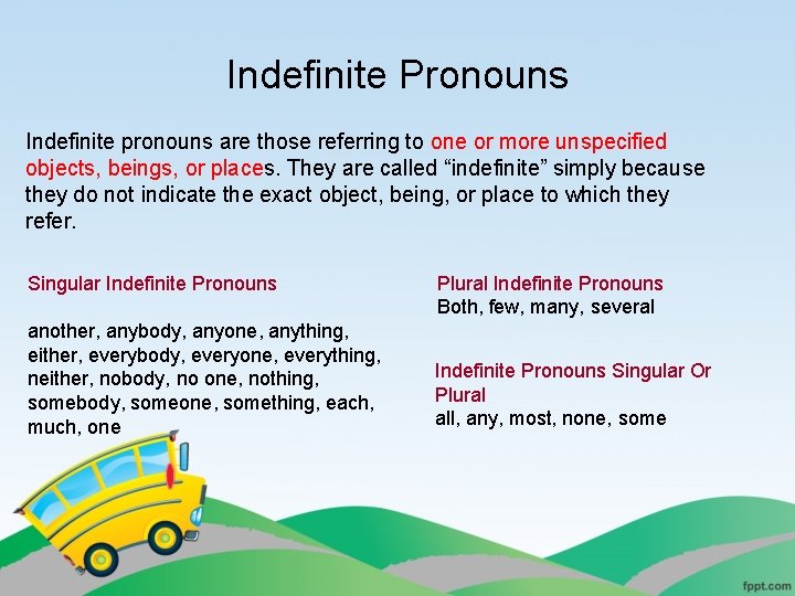 Indefinite Pronouns Indefinite pronouns are those referring to one or more unspecified objects, beings,