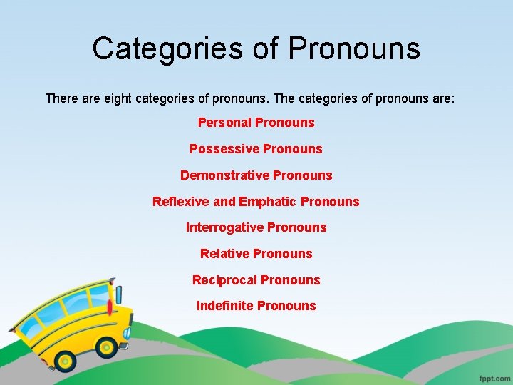 Categories of Pronouns There are eight categories of pronouns. The categories of pronouns are: