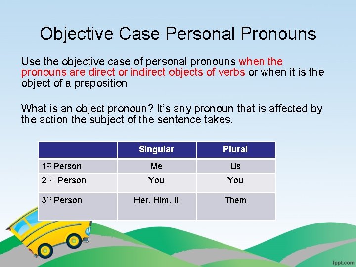 Objective Case Personal Pronouns Use the objective case of personal pronouns when the pronouns