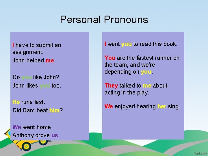 Personal Pronouns I have to submit an assignment. John helped me. Do you like
