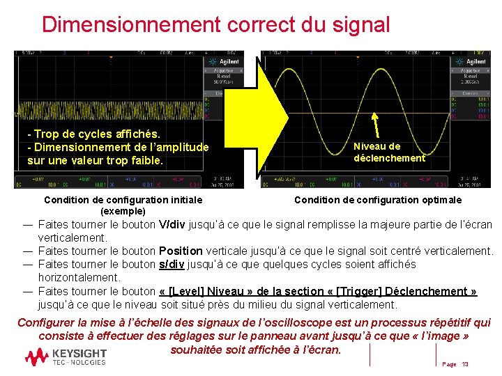 Dimensionnement correct du signal - Trop de cycles affichés. - Dimensionnement de l’amplitude sur