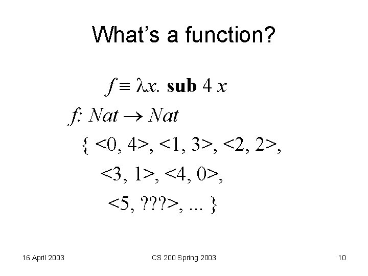 What’s a function? f x. sub 4 x f: Nat { <0, 4>, <1,