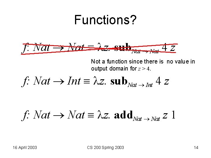 Functions? f: Nat z. sub. Nat 4 z Not a function since there is