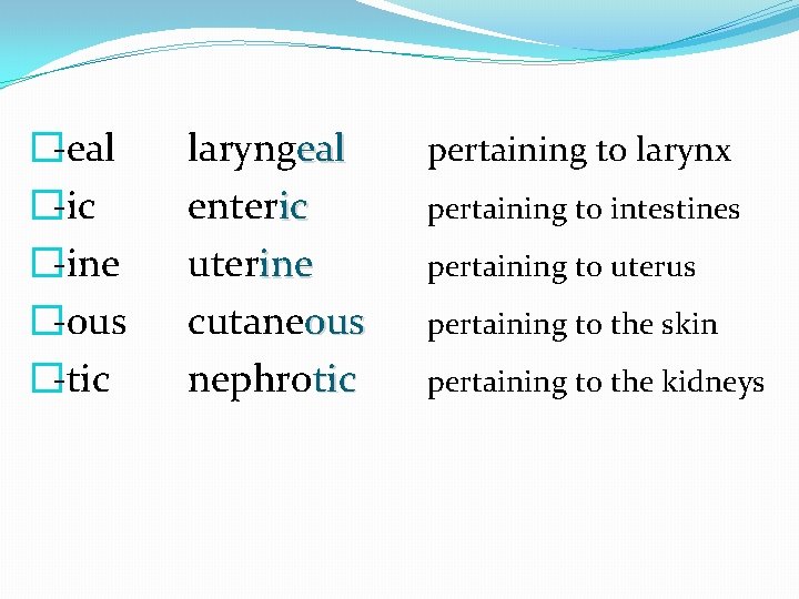 �-eal �-ic �-ine �-ous �-tic laryngeal enteric uterine cutaneous nephrotic pertaining to larynx pertaining