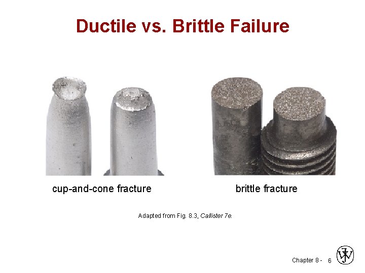 Ductile vs. Brittle Failure cup-and-cone fracture brittle fracture Adapted from Fig. 8. 3, Callister