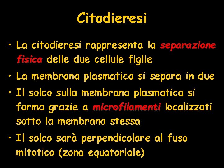 Citodieresi • La citodieresi rappresenta la separazione fisica delle due cellule figlie • La