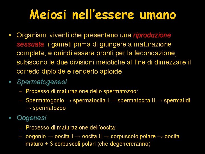 Meiosi nell’essere umano • Organismi viventi che presentano una riproduzione sessuata, sessuata i gameti