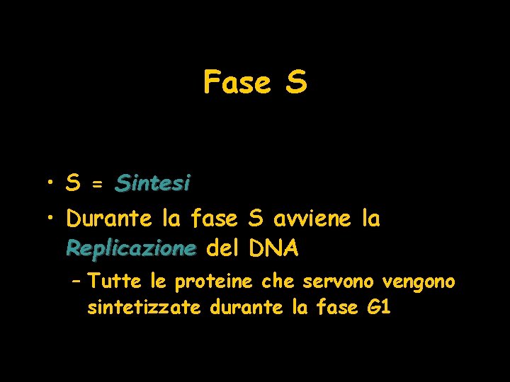 Fase S • S = Sintesi • Durante la fase S avviene la Replicazione