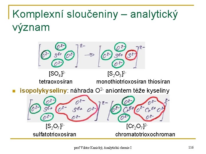 Komplexní sloučeniny – analytický význam [SO 4]2 tetraoxosíran n [S 2 O 3]2 monothiotrioxosíran